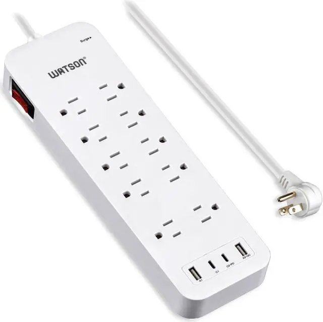 Main image of 10-Outlet Surge Protector with 2 USB-C & 2 USB-A Ports  2450 Joules Surge Protection, 6' Right-Angle Plug Cord, Rear Wall Mounts, LED Indicator  Power Strip for Home or Office Use, White Watson