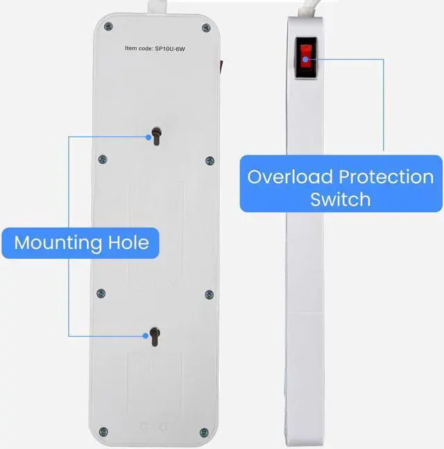 Alt view image 2 of 7 - 10-Outlet Surge Protector with 2 USB-C & 2 USB-A Ports  2450 Joules Surge Protection, 6' Right-Angle Plug Cord, Rear Wall Mounts, LED Indicator  Power Strip for Home or Office Use, White Watson