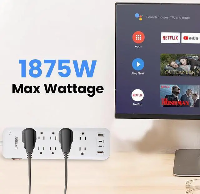 Alt view image 3 of 7 - 10-Outlet Surge Protector with 2 USB-C & 2 USB-A Ports  2450 Joules Surge Protection, 6' Right-Angle Plug Cord, Rear Wall Mounts, LED Indicator  Power Strip for Home or Office Use, White Watson