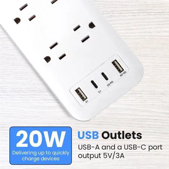 Alt view image 5 of 7 - 10-Outlet Surge Protector with 2 USB-C & 2 USB-A Ports  2450 Joules Surge Protection, 6' Right-Angle Plug Cord, Rear Wall Mounts, LED Indicator  Power Strip for Home or Office Use, White Watson