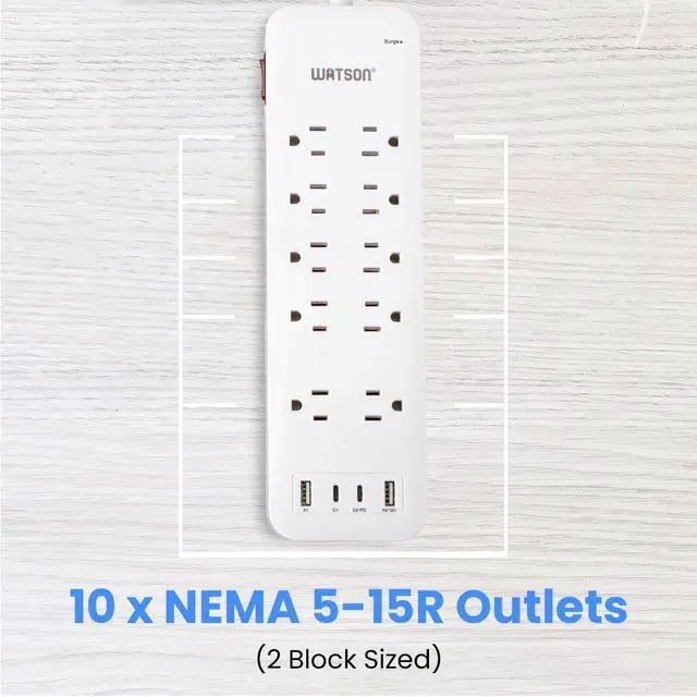 Alt view image 6 of 7 - 10-Outlet Surge Protector with 2 USB-C & 2 USB-A Ports  2450 Joules Surge Protection, 6' Right-Angle Plug Cord, Rear Wall Mounts, LED Indicator  Power Strip for Home or Office Use, White Watson