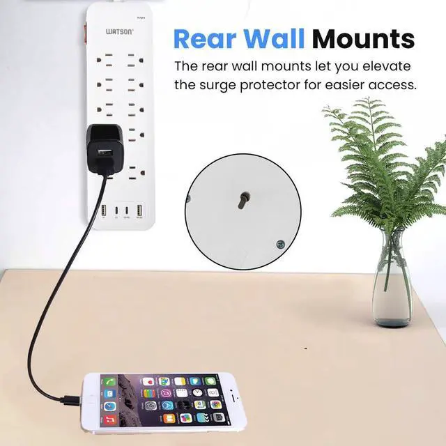 Alt view image 7 of 7 - 10-Outlet Surge Protector with 2 USB-C & 2 USB-A Ports  2450 Joules Surge Protection, 6' Right-Angle Plug Cord, Rear Wall Mounts, LED Indicator  Power Strip for Home or Office Use, White Watson