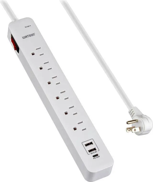 Main image of 6-Outlet Surge Protector Power Strip with 1 USB-C & 2 USB-A Ports  NEMA 5-15P Right-Angle Plug with 6' Cord, 450 Joules of Surge Protection, LED Indicator (White)  Ideal for Home & Office Use Watson