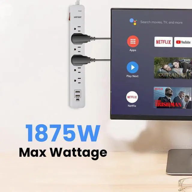 Alt view image 3 of 7 - 6-Outlet Surge Protector Power Strip with 1 USB-C & 2 USB-A Ports  NEMA 5-15P Right-Angle Plug with 6' Cord, 450 Joules of Surge Protection, LED Indicator (White)  Ideal for Home & Office Use Watson