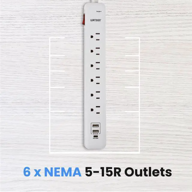 Alt view image 6 of 7 - 6-Outlet Surge Protector Power Strip with 1 USB-C & 2 USB-A Ports  NEMA 5-15P Right-Angle Plug with 6' Cord, 450 Joules of Surge Protection, LED Indicator (White)  Ideal for Home & Office Use Watson