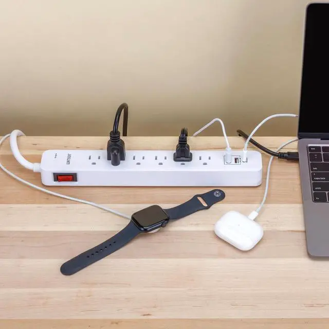 Alt view image 7 of 7 - 6-Outlet Surge Protector Power Strip with 1 USB-C & 2 USB-A Ports  NEMA 5-15P Right-Angle Plug with 6' Cord, 450 Joules of Surge Protection, LED Indicator (White)  Ideal for Home & Office Use Watson