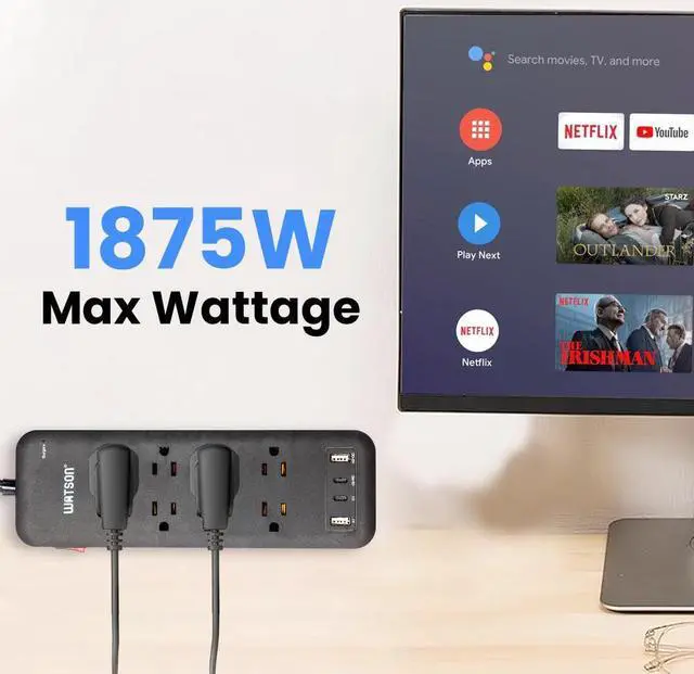Alt view image 3 of 7 - 8-Outlet Surge Protector with 4 USB Ports, 2450 Joules, 6' Cord with NEMA 5-15P Right-Angle Plug, Rear Wall Mounts, LED Indicator (Black), Perfect for Home and Office Electronics Use Watson
