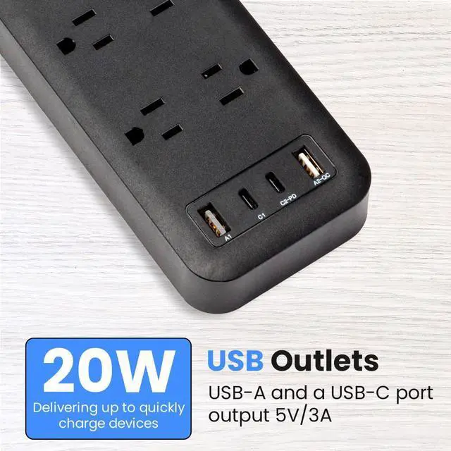 Alt view image 5 of 7 - 8-Outlet Surge Protector with 4 USB Ports, 2450 Joules, 6' Cord with NEMA 5-15P Right-Angle Plug, Rear Wall Mounts, LED Indicator (Black), Perfect for Home and Office Electronics Use Watson