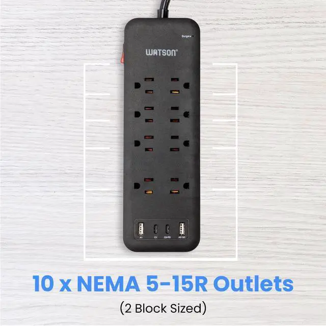 Alt view image 6 of 7 - 8-Outlet Surge Protector with 4 USB Ports, 2450 Joules, 6' Cord with NEMA 5-15P Right-Angle Plug, Rear Wall Mounts, LED Indicator (Black), Perfect for Home and Office Electronics Use Watson