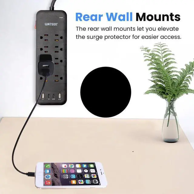 Alt view image 7 of 7 - 8-Outlet Surge Protector with 4 USB Ports, 2450 Joules, 6' Cord with NEMA 5-15P Right-Angle Plug, Rear Wall Mounts, LED Indicator (Black), Perfect for Home and Office Electronics Use Watson