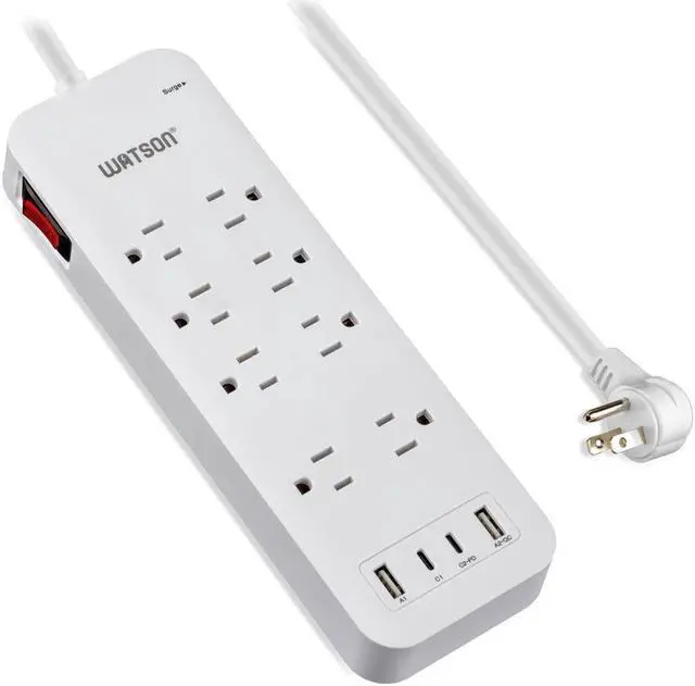 Main image of 8-Outlet Surge Protector with 2 USB-C & 2 USB-A Ports, 2450 Joules, 6' Right-Angle Cord, Sleek White Design, Rear Wall Mounts & LED Surge Indicator Ideal for Home or Office Power Protection Watson