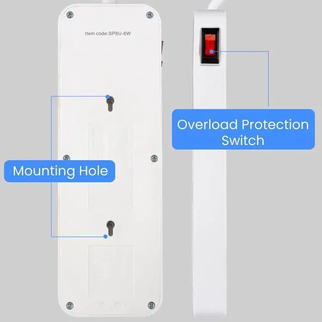 Alt view image 2 of 7 - 8-Outlet Surge Protector with 2 USB-C & 2 USB-A Ports, 2450 Joules, 6' Right-Angle Cord, Sleek White Design, Rear Wall Mounts & LED Surge Indicator Ideal for Home or Office Power Protection Watson