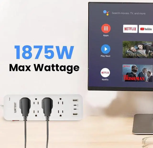 Alt view image 3 of 7 - 8-Outlet Surge Protector with 2 USB-C & 2 USB-A Ports, 2450 Joules, 6' Right-Angle Cord, Sleek White Design, Rear Wall Mounts & LED Surge Indicator Ideal for Home or Office Power Protection Watson