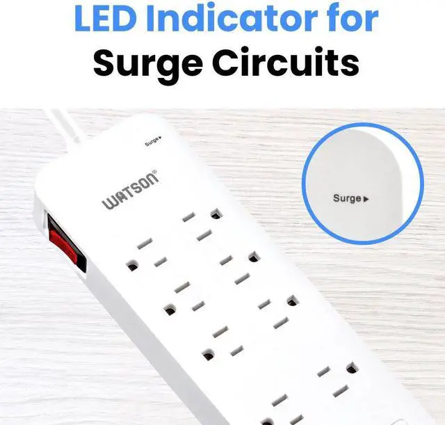 Alt view image 4 of 7 - 8-Outlet Surge Protector with 2 USB-C & 2 USB-A Ports, 2450 Joules, 6' Right-Angle Cord, Sleek White Design, Rear Wall Mounts & LED Surge Indicator Ideal for Home or Office Power Protection Watson
