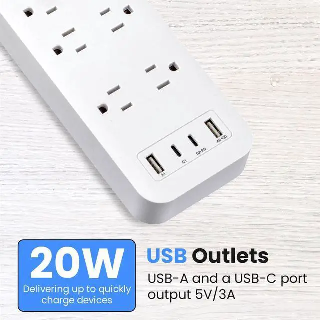 Alt view image 5 of 7 - 8-Outlet Surge Protector with 2 USB-C & 2 USB-A Ports, 2450 Joules, 6' Right-Angle Cord, Sleek White Design, Rear Wall Mounts & LED Surge Indicator Ideal for Home or Office Power Protection Watson