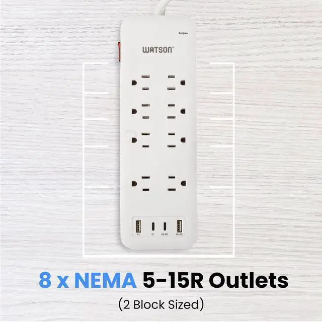 Alt view image 6 of 7 - 8-Outlet Surge Protector with 2 USB-C & 2 USB-A Ports, 2450 Joules, 6' Right-Angle Cord, Sleek White Design, Rear Wall Mounts & LED Surge Indicator Ideal for Home or Office Power Protection Watson