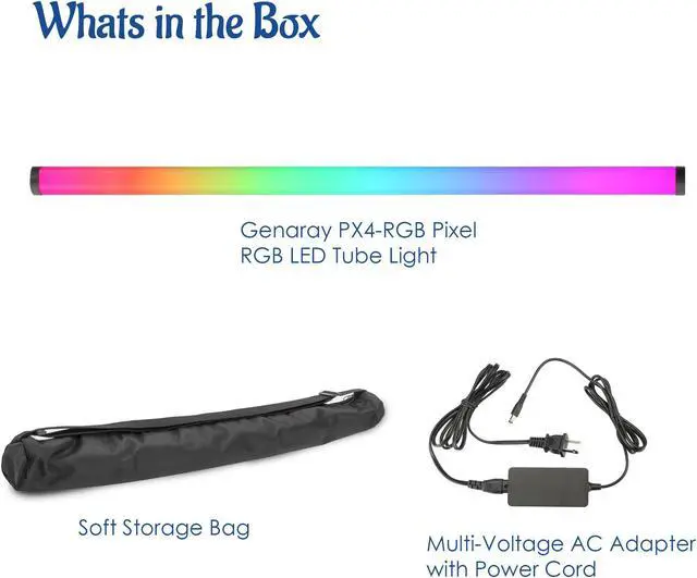 Alt view image 7 of 7 - Genaray RGB 4' Tube Light LED Full Color Portable Video Light w/ App Control, 2800 to 8000K CTC HSI Modes, 10 Lighting & 7 Pixel Effects, CRI 96, TLCI 99, Li-Ion Battery, Passive Cooling, 635 Lux