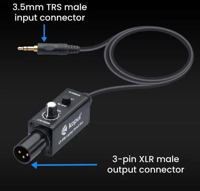 Alt view image 2 of 7 - Kopul Cables One-Channel Laptop Passive Direct Box  3.5mm Stereo to XLR Mono Adapter w Volume Control & Ground-Lift Switch, Durable Aluminum Case, Ideal for Audio Equipment, Laptops