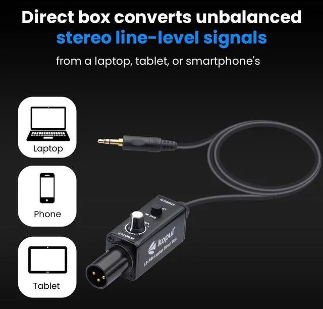 Alt view image 7 of 7 - Kopul Cables One-Channel Laptop Passive Direct Box  3.5mm Stereo to XLR Mono Adapter w Volume Control & Ground-Lift Switch, Durable Aluminum Case, Ideal for Audio Equipment, Laptops