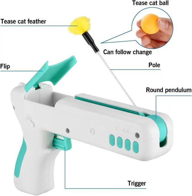 Alt view image 3 of 7 - Ownpets Blue Interactive Cat Toy Gun Cat Stick Toy with Ball & Feather