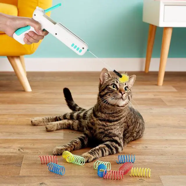 Alt view image 6 of 7 - Ownpets Blue Interactive Cat Toy Gun Cat Stick Toy with Ball & Feather