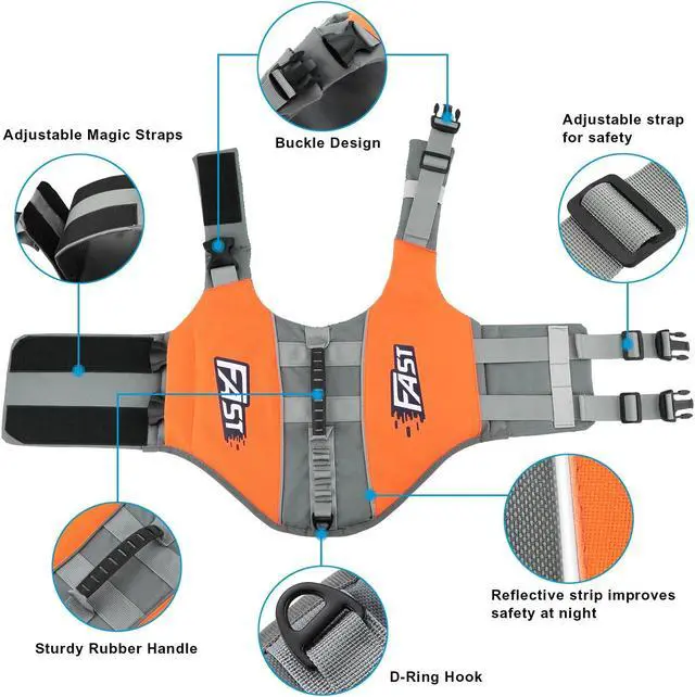 Alt view image 3 of 7 - Ownpets L Size Dog Life Jacket Reflective Safety Vest with Adjustable Buckles & Durable Rescue Handle Swimming Surfing Boating