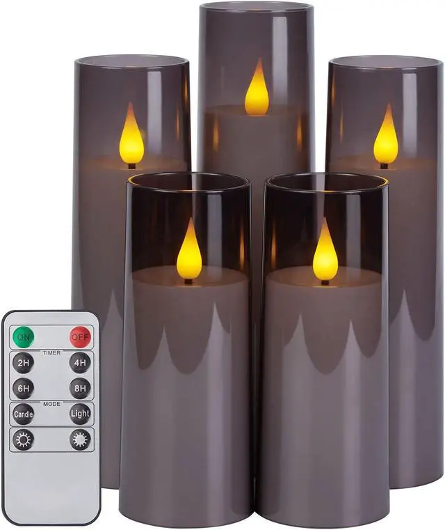 Main image of IMAGE Flickering Flameless Candles Acrylic Shell Pillar 3D Wick LED Candles with Timer for Wedding Christmas Home Decor Set of 5 Grey