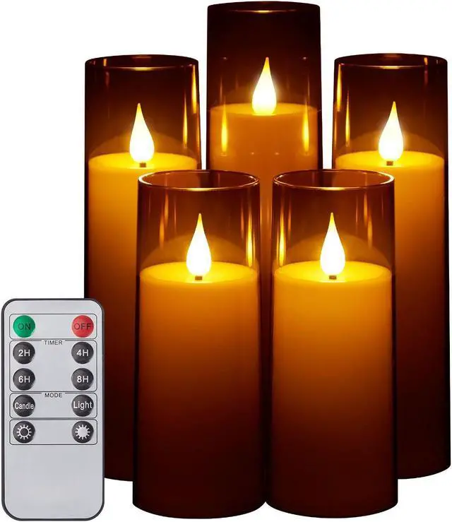 Alt view image 7 of 7 - IMAGE Flickering Flameless Candles Acrylic Shell Pillar 3D Wick LED Candles with Timer for Wedding Christmas Home Decor Set of 5 Grey