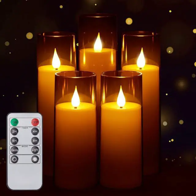 Alt view image 2 of 7 - IMAGE Flickering Flameless Candles Acrylic Shell Pillar 3D Wick LED Candles with Timer for Wedding Christmas Home Decor Set of 5 Grey