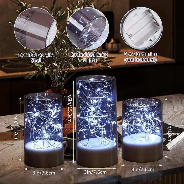 Alt view image 2 of 7 - IMAGE 3PCS Acrylic Shell Pillar LED Candles Featuring 13-Key Remote Timer, Battery Operated for Home, Wedding and Party Decor, Grey