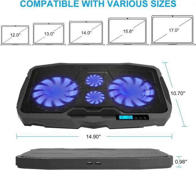 Alt view image 2 of 7 - AGPTEK Laptop Cooling Pad - LED Light Radiator Dual USB with 4 Fans Cooler Stand 5 Speed Adjustable, Compatible up 12'' to 17'' Laptops PC Notebook/PS4/Router