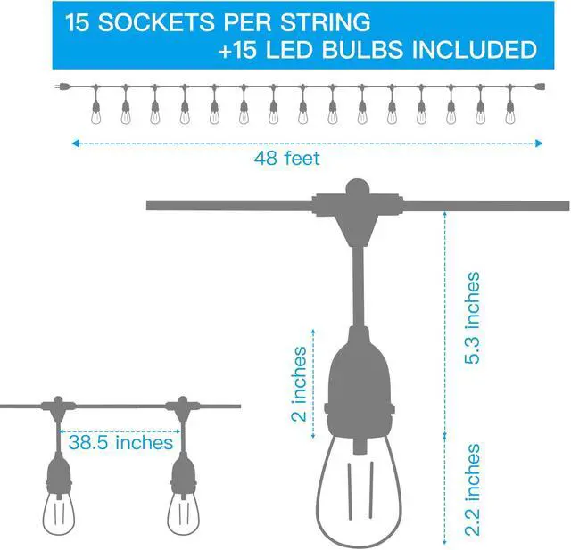 Alt view image 7 of 7 - AGPtEK S14 Bulb String Lights 15 Meters + 15 Bulbs Warm White
