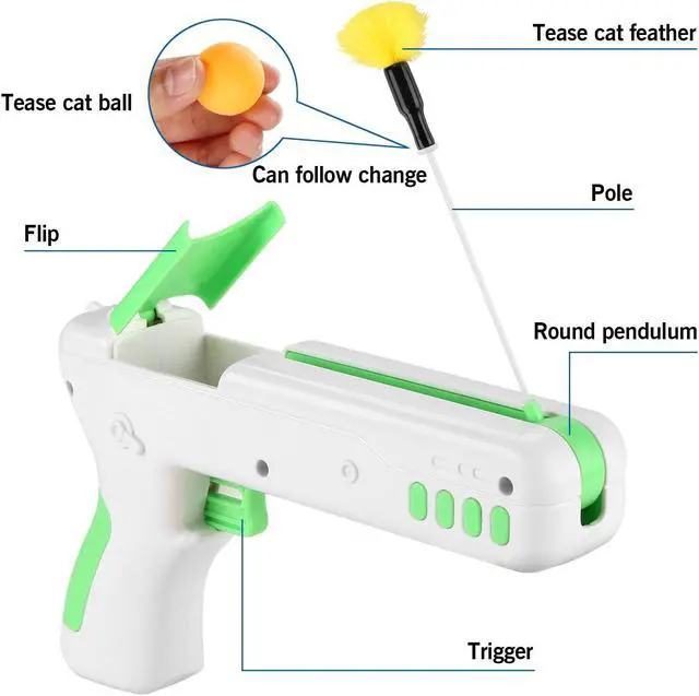 Alt view image 3 of 7 - Ownpets Green Interactive Cat Toy Gun Cat Stick Toy with Ball & Feather