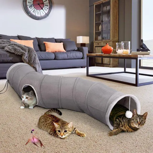 Alt view image 7 of 7 - Ownpets 48 Long Collapsible Kitty Tunnel Cat Tube OxFord with Plush Ball & Feather Toy
