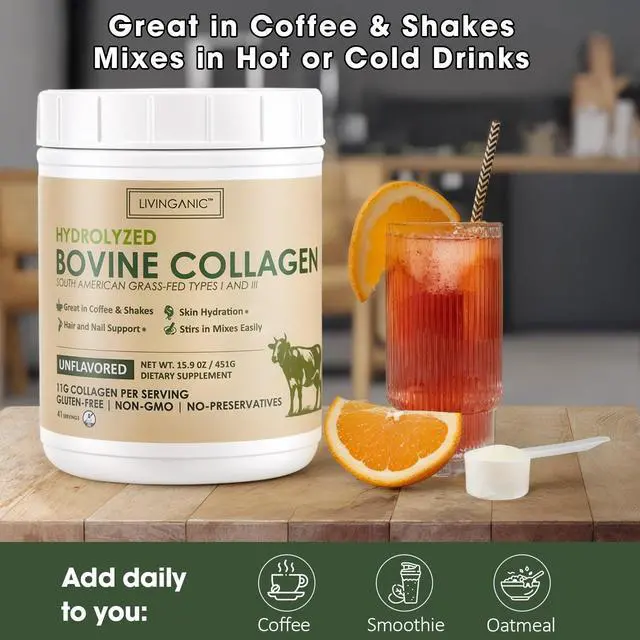 Alt view image 7 of 7 - LIVINGANIC Hydrolyzed Bovine Collagen,15.9oz Types I & III, Grass-Fed, Pasture-Raised Protein, Zero Sugar Supplement for Healthy Skin, Nails, Bones & Joints Unflavored 41 Servings