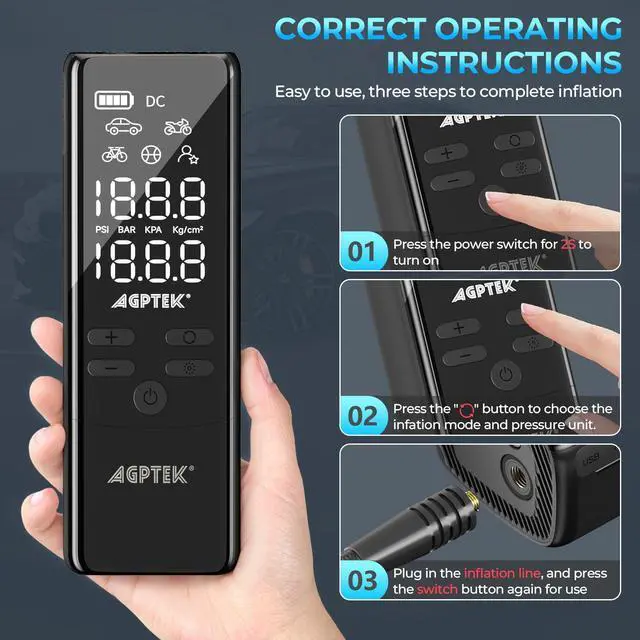 Alt view image 3 of 7 - AGPtEK Tire Inflator Portable Air Compressor, 150PSI & 5000mAh Cordless Car Tire Inflator, 5 Modes Rechargeable Bike Pump with LED, Auto-Off Portable Air Pump for Cars, Bikes & Motorcycle Tires, Balls