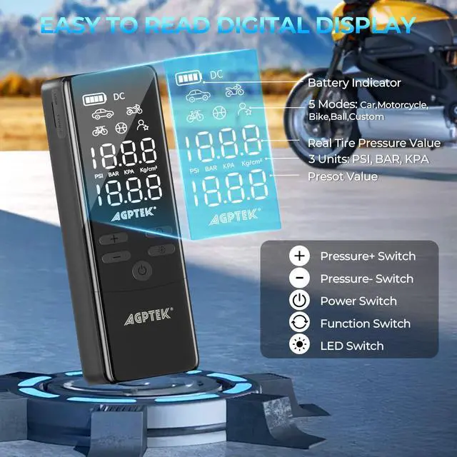 Alt view image 6 of 7 - AGPtEK Tire Inflator Portable Air Compressor, 150PSI & 5000mAh Cordless Car Tire Inflator, 5 Modes Rechargeable Bike Pump with LED, Auto-Off Portable Air Pump for Cars, Bikes & Motorcycle Tires, Balls