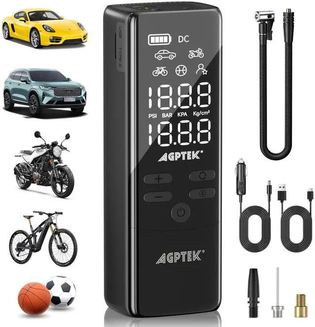 Main image of AGPtEK Tire Inflator Portable Air Compressor-150PSI & 7500mAh& 12V DC Tire Pressure Gauge Electric Air Pump,LCD Display with LED Light for Cars, Bikes & Motorcycle Tires, Balls