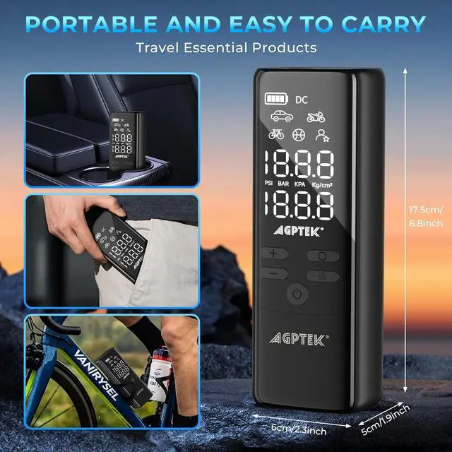 Alt view image 5 of 7 - AGPtEK Tire Inflator Portable Air Compressor-150PSI & 7500mAh& 12V DC Tire Pressure Gauge Electric Air Pump,LCD Display with LED Light for Cars, Bikes & Motorcycle Tires, Balls