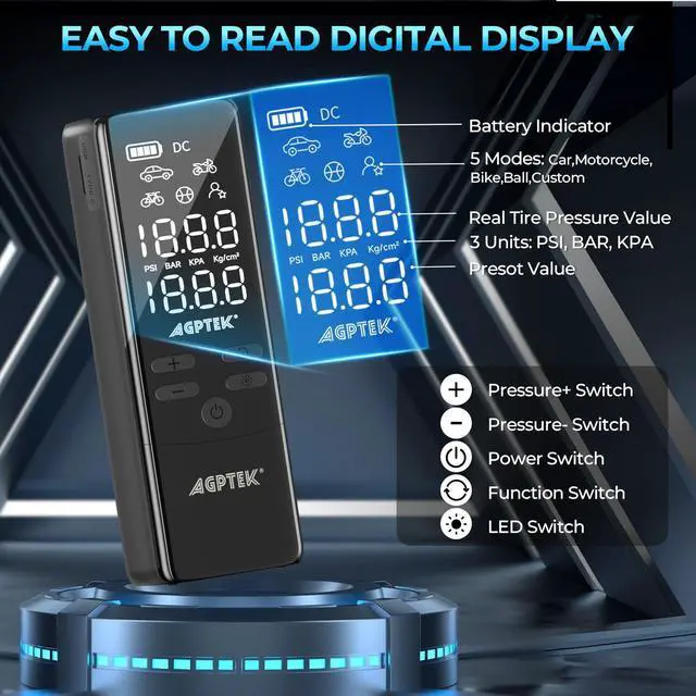Alt view image 2 of 7 - AGPtEK Tire Inflator Portable Air Compressor-150PSI & 7500mAh& 12V DC Tire Pressure Gauge Electric Air Pump,LCD Display with LED Light for Cars, Bikes & Motorcycle Tires, Balls