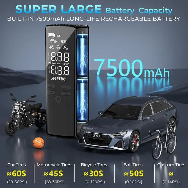 Alt view image 4 of 7 - AGPtEK Tire Inflator Portable Air Compressor-150PSI & 7500mAh& 12V DC Tire Pressure Gauge Electric Air Pump,LCD Display with LED Light for Cars, Bikes & Motorcycle Tires, Balls