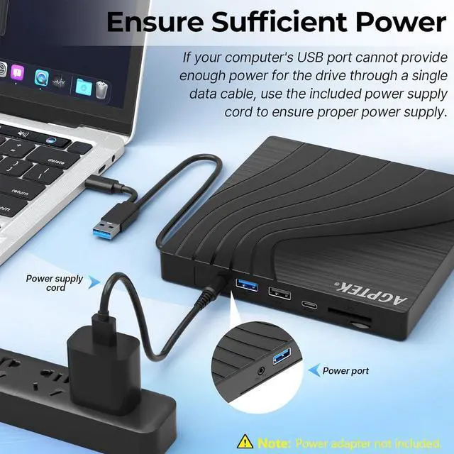 Alt view image 5 of 7 - AGPtEK External CD/DVD Drive for Laptop, USB 3.0 Slim DVD Burner with USB Ports and TF/SD Card Slots, Ethernet Adapter, CD/DVD Player Reader/Writer for Laptop, PC, Windows, Linux, Mac OS
