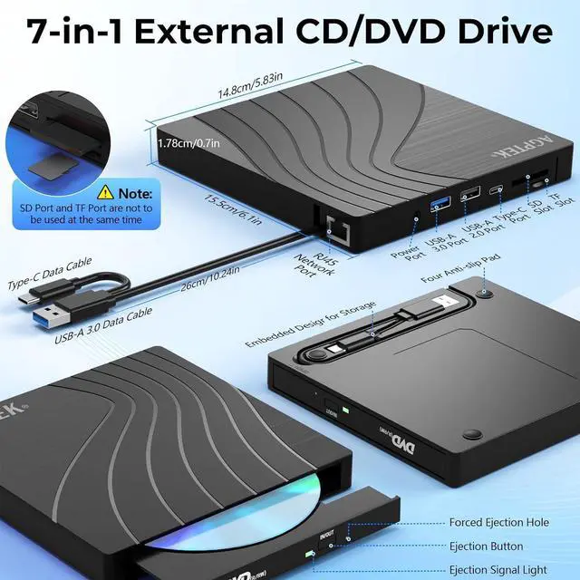 Alt view image 4 of 7 - AGPtEK External CD/DVD Drive for Laptop, USB 3.0 Slim DVD Burner with USB Ports and TF/SD Card Slots, Ethernet Adapter, CD/DVD Player Reader/Writer for Laptop, PC, Windows, Linux, Mac OS