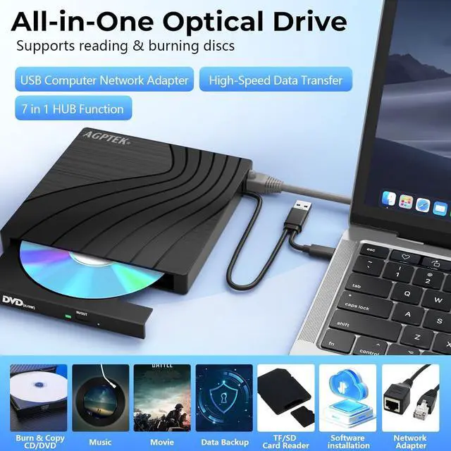 Alt view image 6 of 7 - AGPtEK External CD/DVD Drive for Laptop, USB 3.0 Slim DVD Burner with USB Ports and TF/SD Card Slots, Ethernet Adapter, CD/DVD Player Reader/Writer for Laptop, PC, Windows, Linux, Mac OS