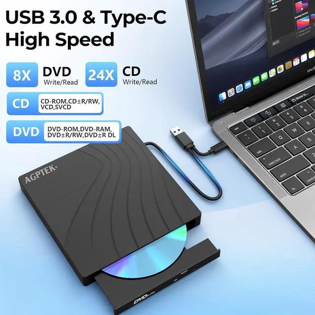 Alt view image 2 of 7 - AGPtEK External CD/DVD Drive for Laptop, USB 3.0 Slim DVD Burner with USB Ports and TF/SD Card Slots, Ethernet Adapter, CD/DVD Player Reader/Writer for Laptop, PC, Windows, Linux, Mac OS