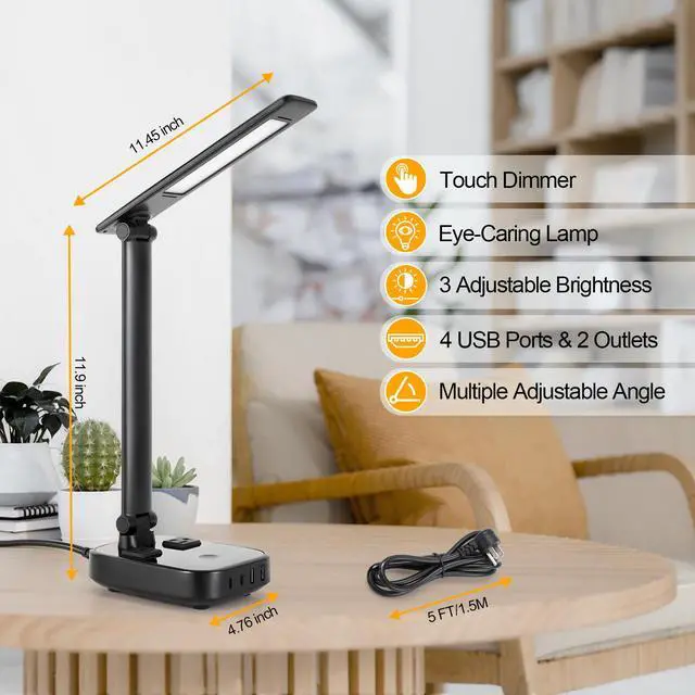 Alt view image 4 of 7 - AGPtEK LED Desk Lamp with 4 USB Charging Port and 2 AC Power Sockets Black