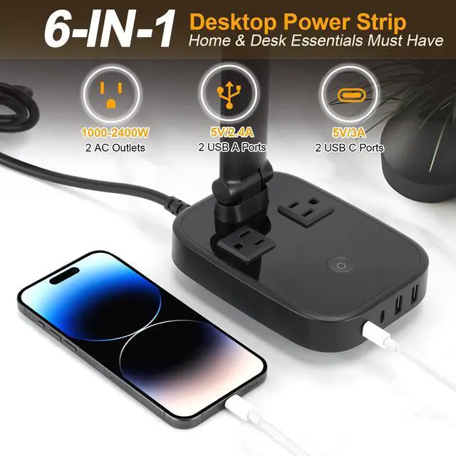 Alt view image 2 of 7 - AGPtEK LED Desk Lamp with 4 USB Charging Port and 2 AC Power Sockets Black