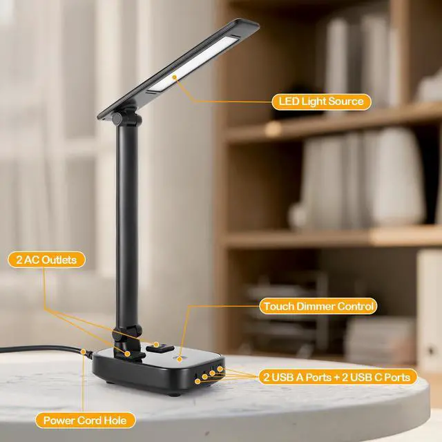 Alt view image 6 of 7 - AGPtEK LED Desk Lamp with 4 USB Charging Port and 2 AC Power Sockets Black