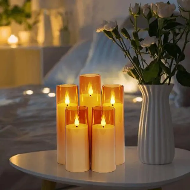Alt view image 6 of 7 - IMAGE 5 Pcs Acrylic Shell Pillar 3D Wick LED Candles with 10-Key Remote Control Timer, Gold