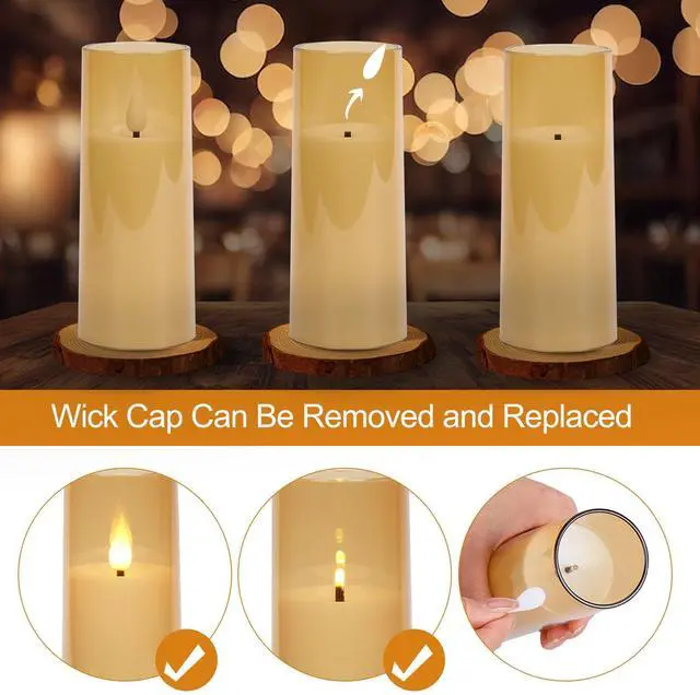 Alt view image 3 of 7 - IMAGE 5 Pcs Acrylic Shell Pillar 3D Wick LED Candles with 10-Key Remote Control Timer, Gold